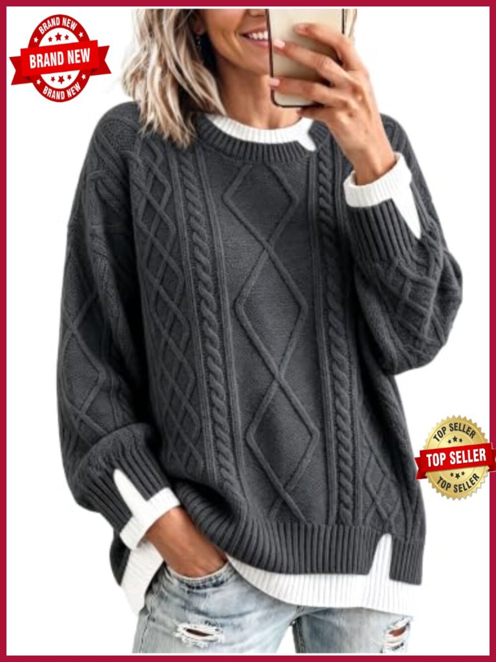 Oversized Cable Knit Sweater Chunky Crewneck Pullover Fall Winter